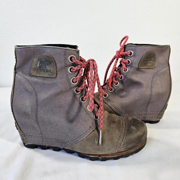 Sorel PDX Lace Wedge Lexie Wedge quarry grey pink red 8.5 waterproof - Picture 1 of 8